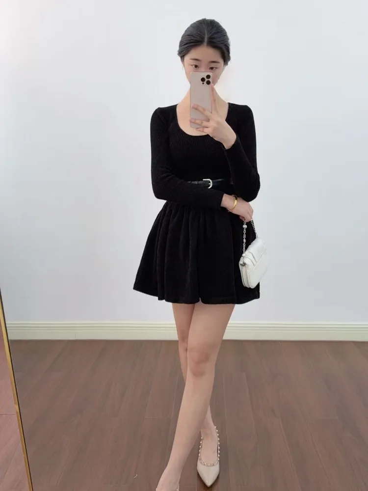 CHUJIE 2025 خريف تصميم جديد مضلع الرقبة المستديرة الخصر Cinching مربوط المرقعة محبوك المخملية قاعدة فستان #4