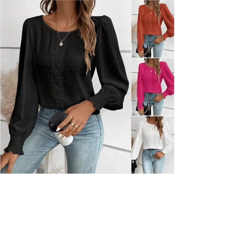 

2025 New Style Summer Women's Shirt Round Neck Lace Tile Trousers Without Lapel Casual Commuting Solid Color Blouse For Women