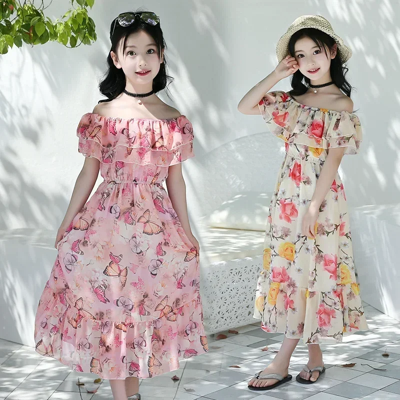 

Girls Summer Flower Print Bohemian Beach Dress Teenager Children Princess Chiffon Dresses Fashion Kids Party Clothes