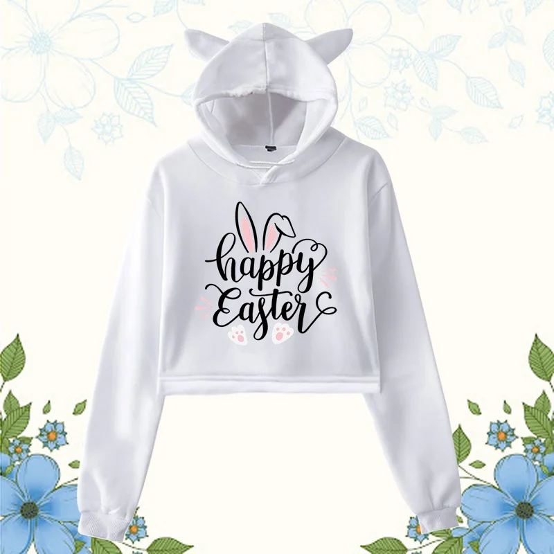 Easter Printed Cropped Hoodie Women Girls Fashion Kawaii Cat Ear Pullover Casual Hooded Sweatshirt