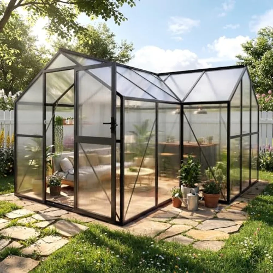 12x12 FT T-Shape Greenhouses, Greenhouse for Outdoors with Polycarbonate Panel, Adjustable Vent, Heavy Duty Green House with Al