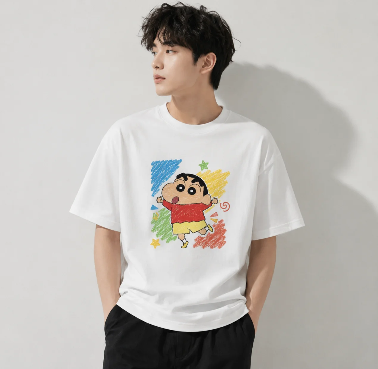 Crayon Shin Chan Color Crayon Sketch Back Print TShirt Cotton Blend Oversized Unisex Cartoon Y2K Harajuku Streetwear Casual Tops