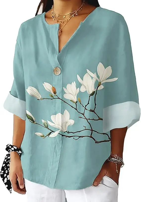 Women's Summer Shirts Vintage Floral Long Sleeve Novelty Blouses Boho Button Up Cool Graphic Tops