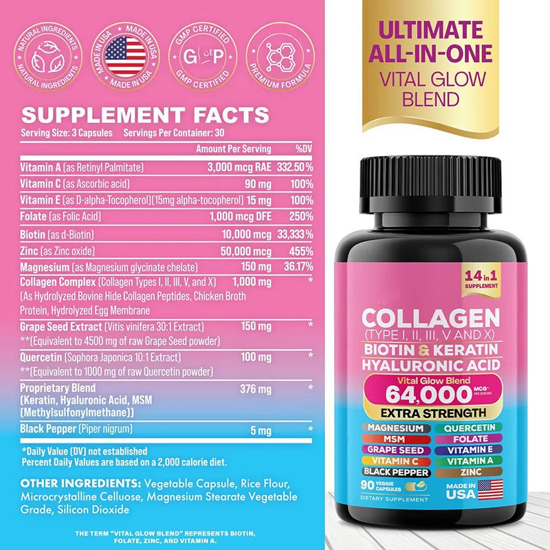 90 Caps Hydrolyzed Collagen Capsules,NAD+ Dietary Supplement,Remove Spots Wrinkle, Anti-Aging,Skin Care Repair for Men Women