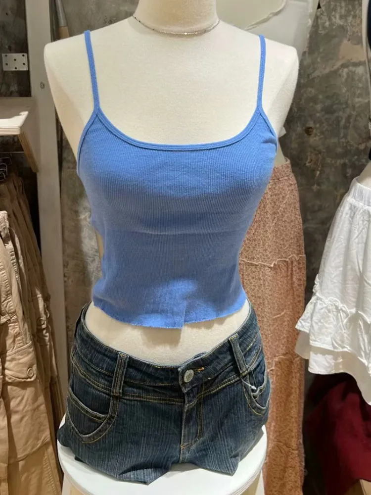 Lässige Frauen Baumwolle blau schlanke Camis 2023 Sommer Vintage ärmellose einfarbige Tops weibliche Crop Tops