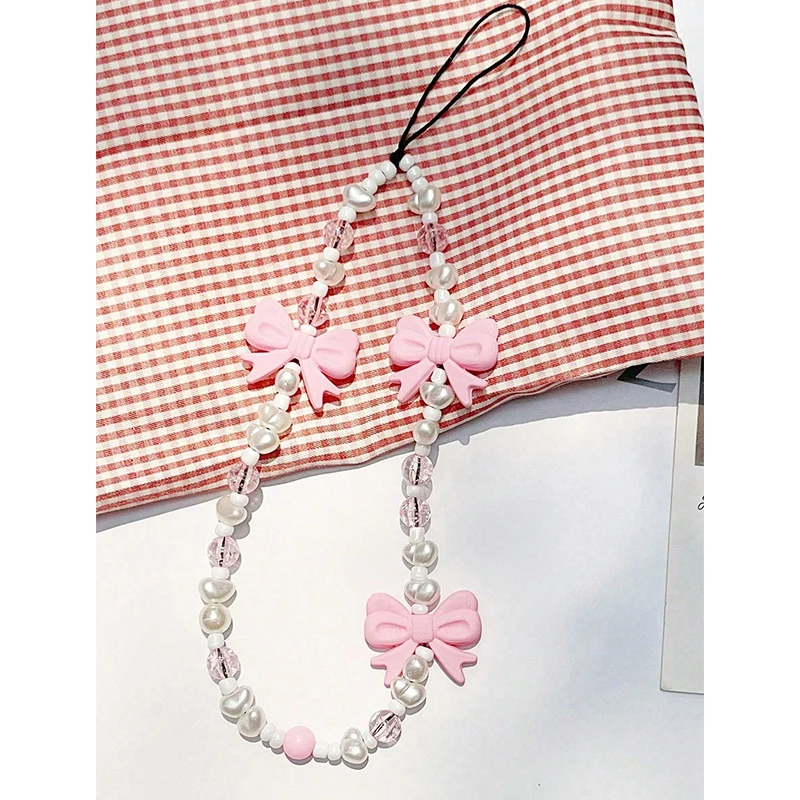 Fresh Bow Anti Drop Wrist Strap Phone Case Rope New Accessories for Women's Gifts Fashion Plush Beaded Love Phone Chain Lanyard