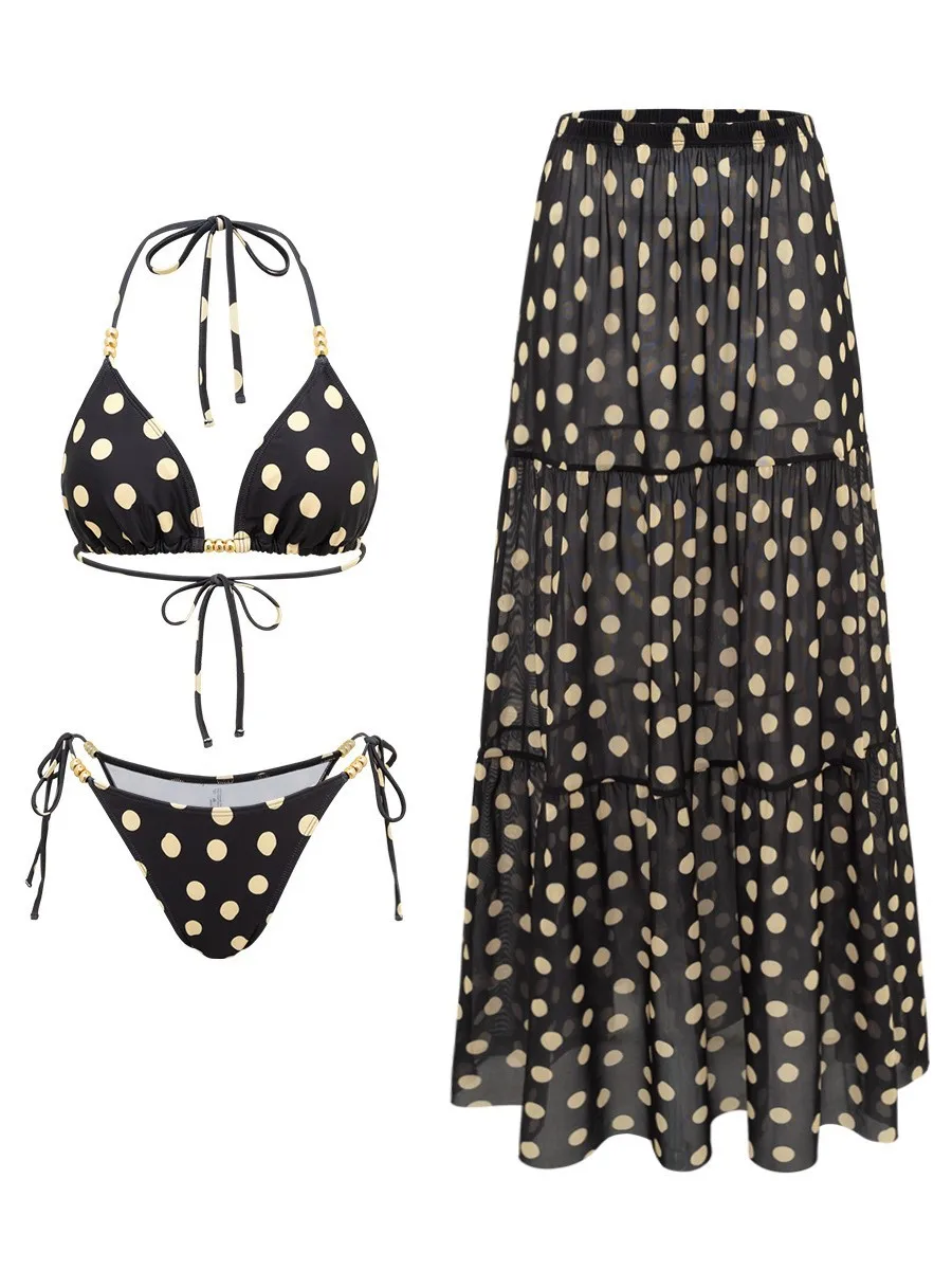 sexy black polka dot print beads bikinis sets three pieces with long mesh skirt swimsuit bathing suit swimwear biquini tankini