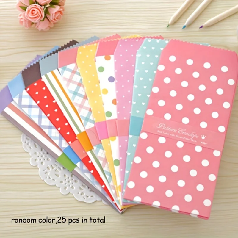 

25 colored envelopes (random) for invitations, gift cards, postcards - self-sealing, multi-color, with dot and stripe patterns