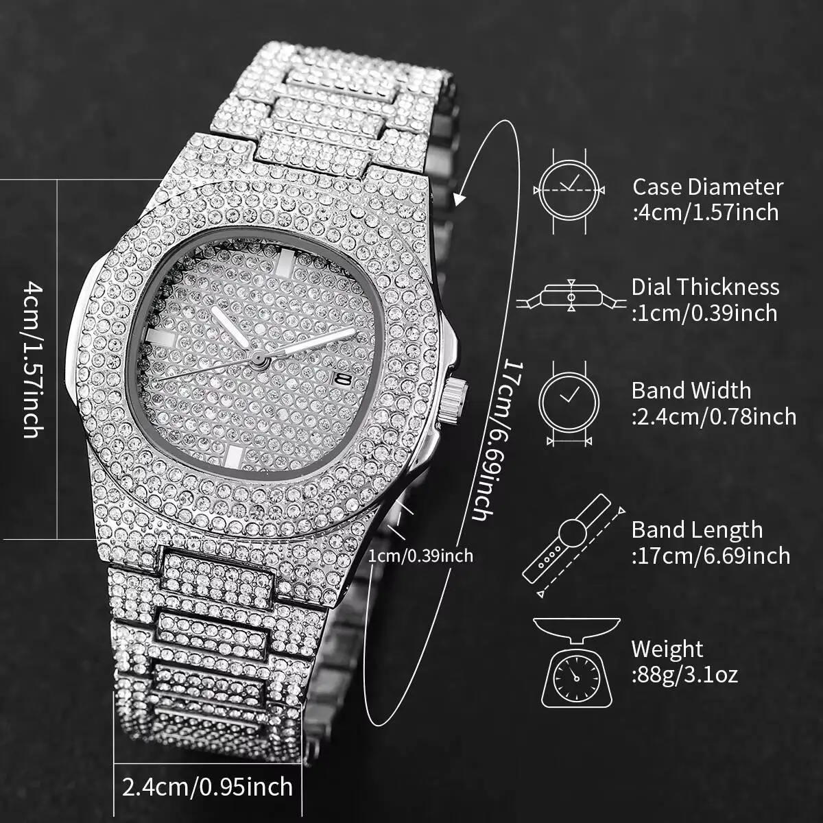 1/2/3PCS Luxury Full Diamond Men's Watches Fashion Hip Pop Quartz Wristwatch with Calendar Jewelry Set