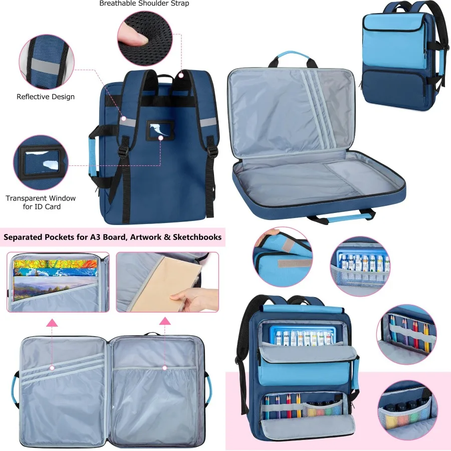 

Art Portfolio Bag Backpack A3 Art Portfolio Case 15 x 18 Inch for Artists Durable Travel Tote Bag with Protective Interior and
