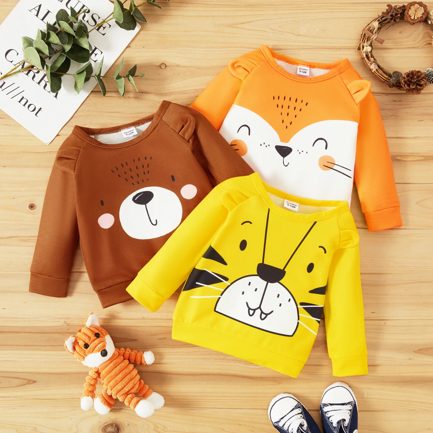 PatPat Baby Boy/Girl Cartoon Animal Print 3D Ears Long-sleeve Pullover Perfect for Outings and Daily Wear Basic Style