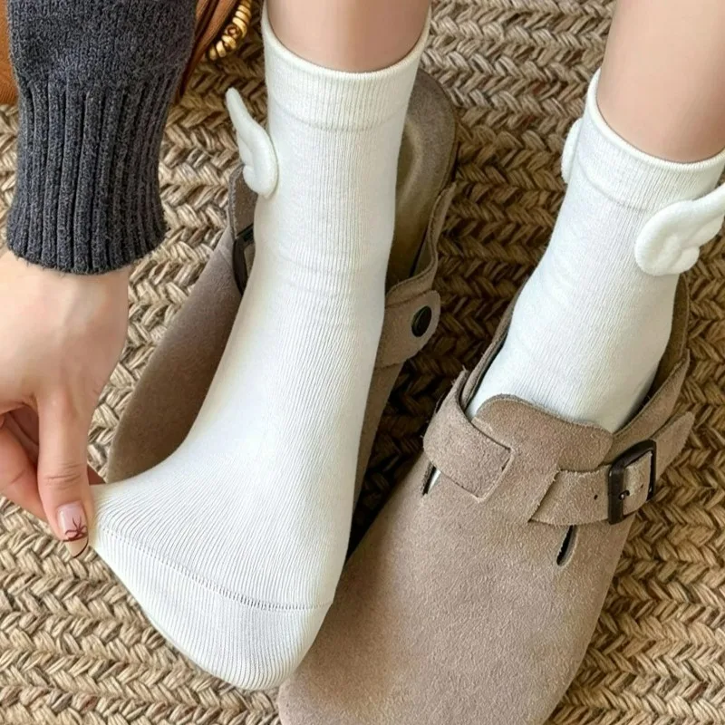 Creativity Angel Wings Lolita Socks Women Soft Solid Color Cotton Mid-tube Stockings Skin Friendly Cute Plush Angel Wings Socks