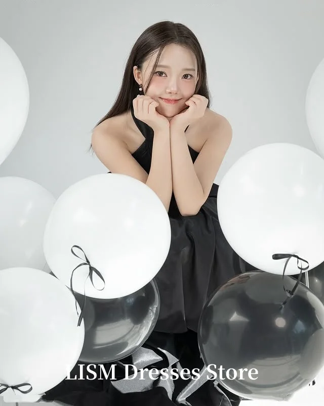 فساتين سهرة كورية رسن سوداء من LISM على شكل حرف A من الحرير والساتان فساتين زفاف طويلة في الهواء الطلق تبادل لاطلاق النار فستان مخصص عندساء