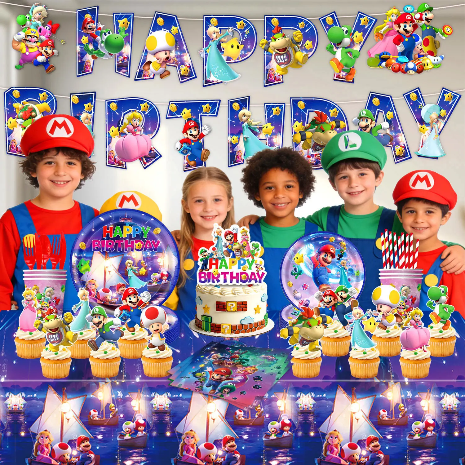 Mario Komplettes Geburtstagsparty-Set Galaxis-Mario Themen-Dekorationskit mit Banner, Luftballons, Tischgeschirr und Kuchendekoration für Kinder – Detail 1