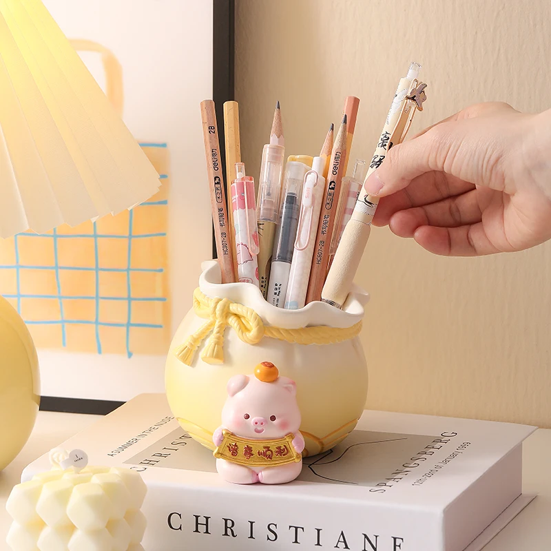 Cute Pig Money Bag Pen Holder, Kawaii Desktop Stationery Storage Bucket Creative Tabletop Decor Ornament