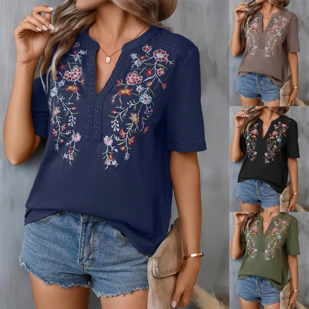 

Shirts for Women Embroidered Tops Traditional Summer Blouse Floral Tunic V Neck Short Sleeve T Shirt