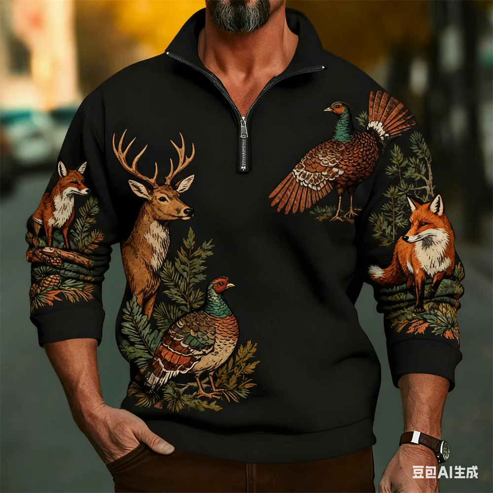 

Vintage Animal Pattern Men's Zipper Sweatshirt 3D Printed Elk Fox Graphic Outdoor Hunting Pullover Loose Casual Comfortable Tops