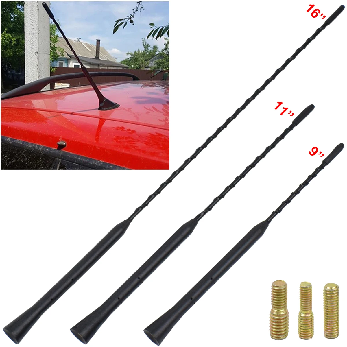 

9/11/16 Inch Universal Car Antenna Roof Mount Mast Whip Antenna Enhanced Signal Stereo Radio Screws FM AM Aerial Kit Replacement