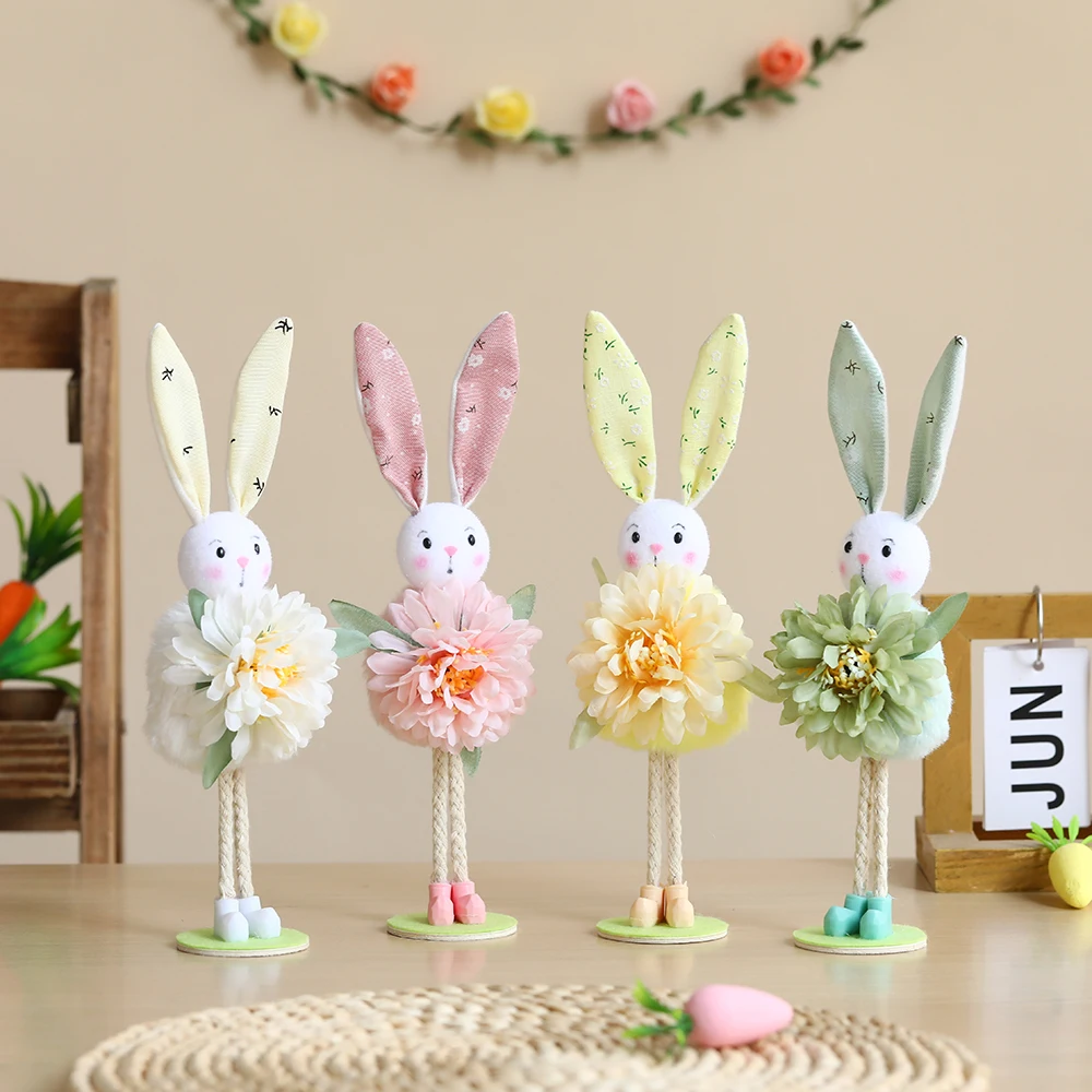 

Easter Bunny Decor White Yellow Green Pink Flower Yarn Skirt Standing Bunny Dolls Ornament Happy Easter Home Decor Kid Gifts