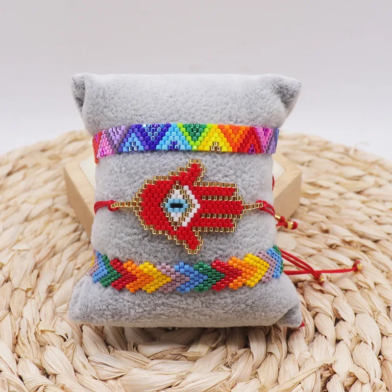 Bohemia Ethnic Style Adjustable Rice Bead Bracelet Set with Geometry Arrow Design Color Mixing Hand Woven Simplicity Beaded
