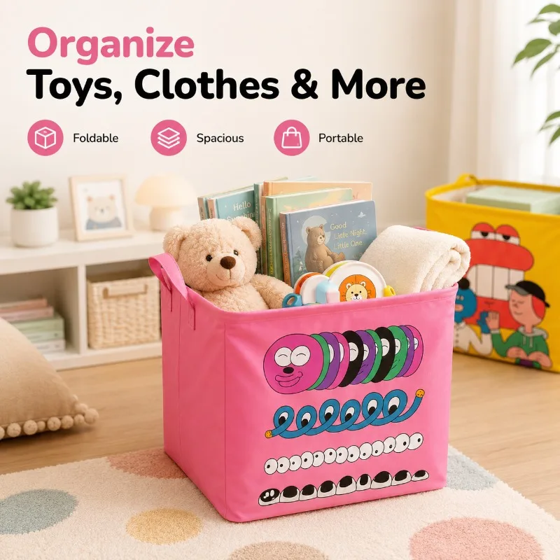 30L Foldable Cartoon Storage Basket with Handles, Waterproof Inner Lining Organizer Bin for Home, Car Trunk, Toys and Picnic