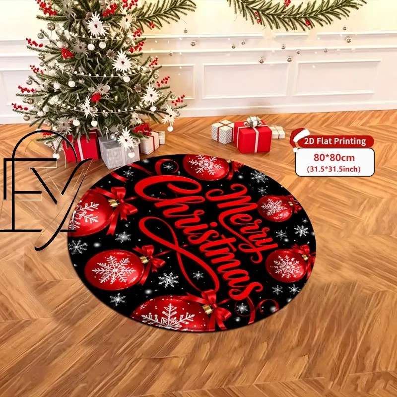 Soft Circle Rug 2D Flat Printing Merry Christmas Letters Carpet Flannel Soft Warm Luxury Ball Ribbon Bow Floor Pad