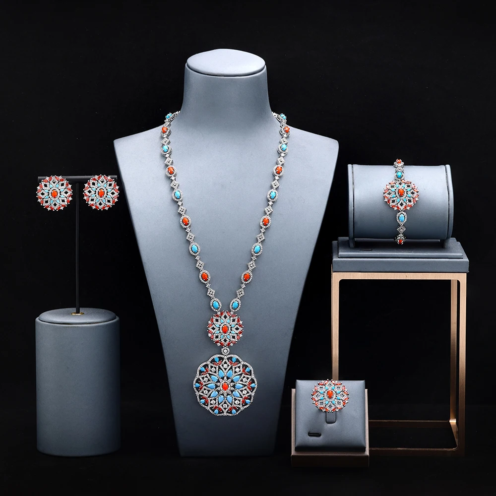 

HIBRIDE 2025 New Red Dazzling Tassel Necklace Earrings Bracelet Women's Jewelry Set Nigeria Wedding Event Gift S-1001