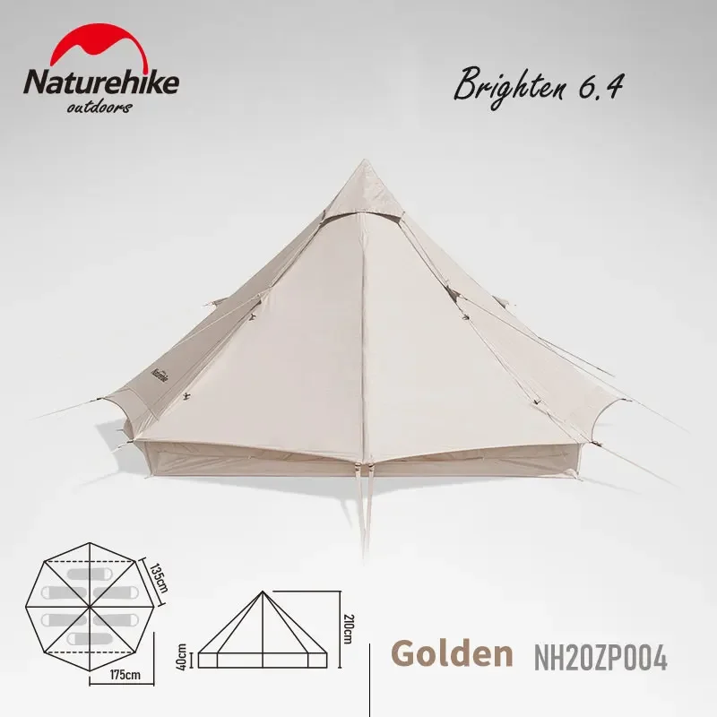 Naturehike-Brighten Camping Tent, Cotton Pyramid Tent, Big Space, 3-4 Persons, Hiking Party Sun Shelter, NH20ZP004