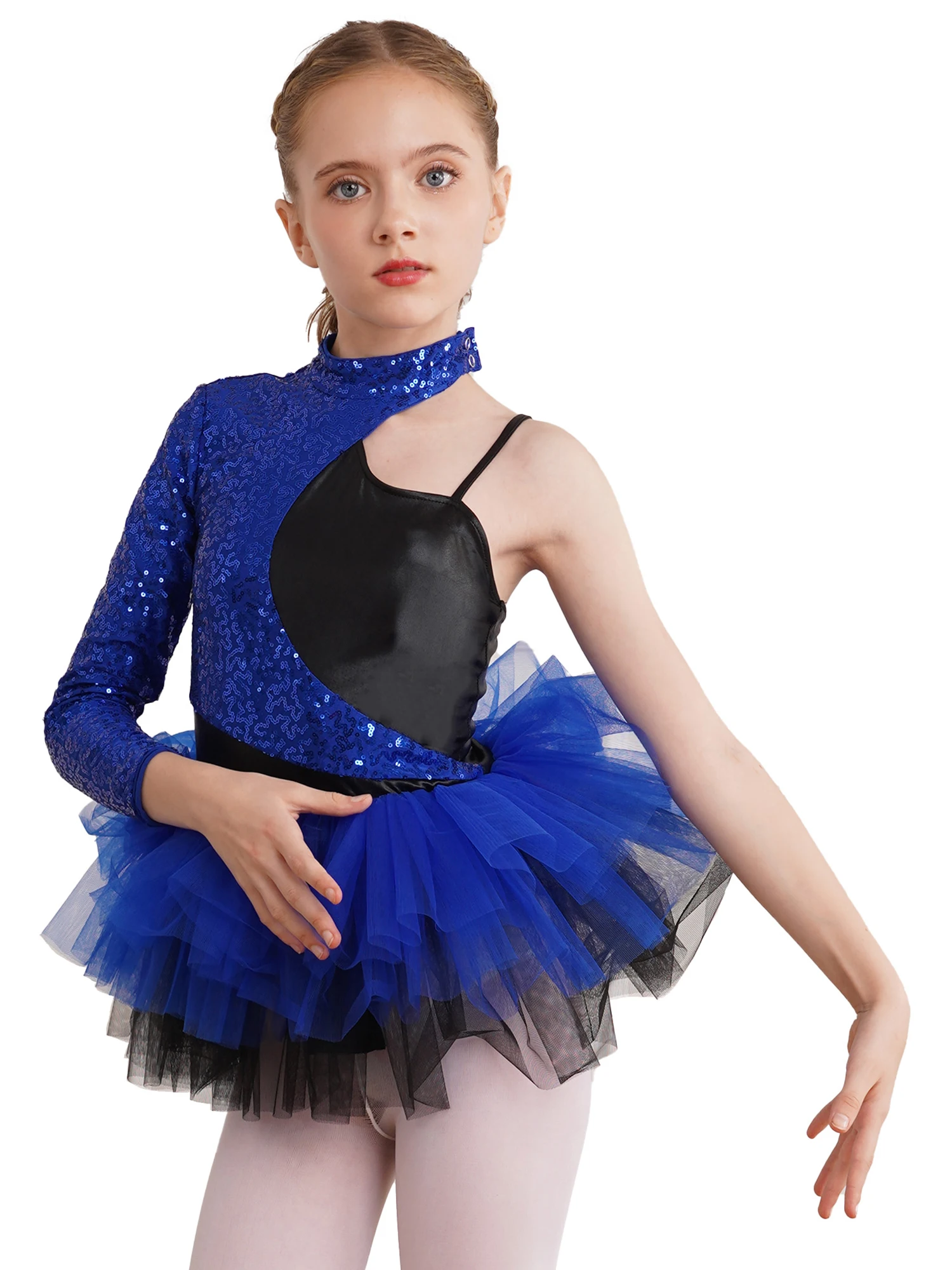 Kids Girls Ballet Dance Tulle Skirts Dress Sequins Gymnastics Leotard Dress Asymmetrical Sleeves Jazz Figure Skating Dresses