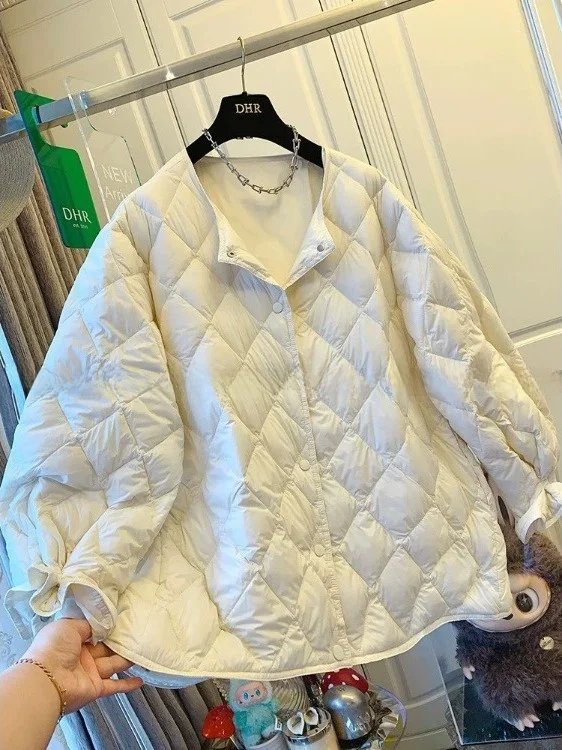 

Elegant Diamond Pattern down Cotton Jacket Women's Winter Lightweight Filled Warm Loose Open Cardigan Top without Collar