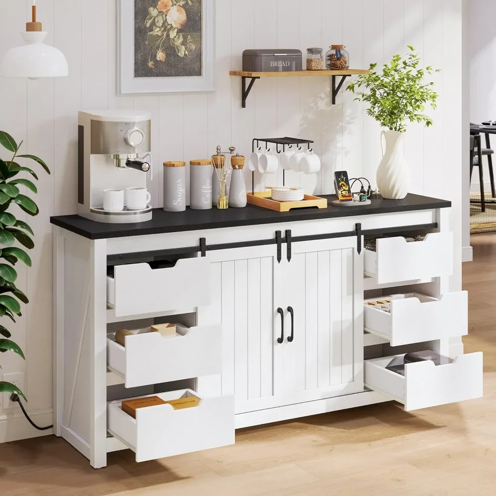 Gabinete Buffet de granja con almacenamiento y 6 cajones, mesa de centro moderna para cocina, sala de estar, |