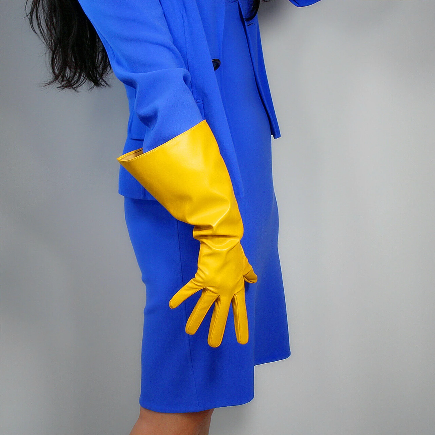 DooWay Unisex Yellow Gloves withPuff Sleeves Oversized Elbow 38cm Wide Large Size Faux Leather Fashion Evening Party Dance Glove