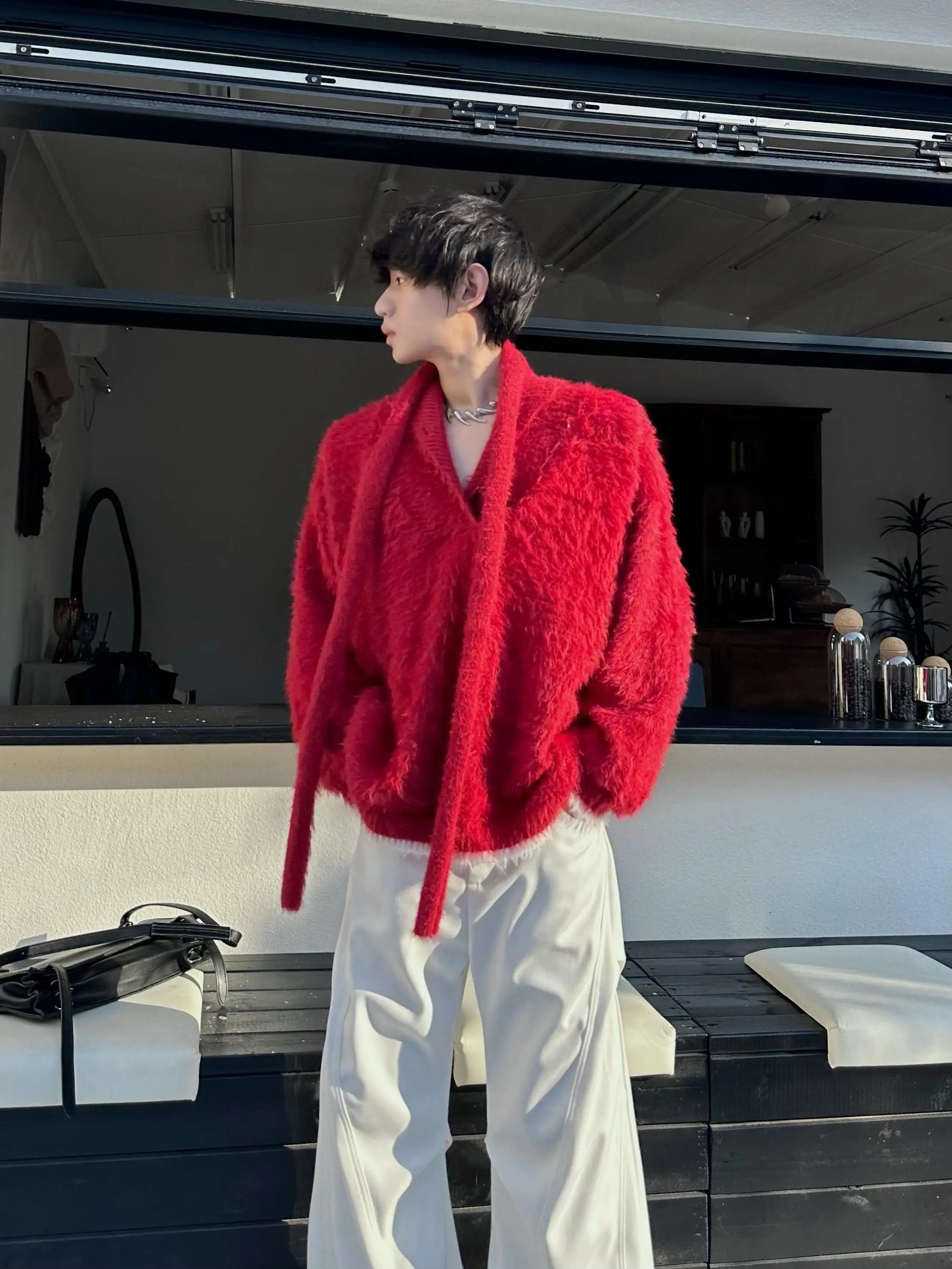 MARTHENAUT Lazy Color Block Knitted Sweater Fake Fur V-Neck Scarf Design Warm Casual Long Sleeve Winter Outerwear for Men