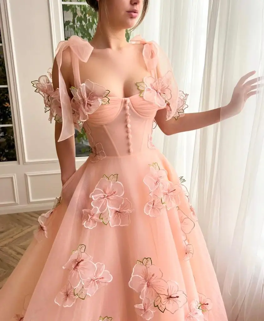 Juliet Peach-Vestido largo de graduación con hombros descubiertos para adolescentes, corsé Floral de encaje 3d, vestido de fiesta de regreso a casa de tul para ocasiones especiales