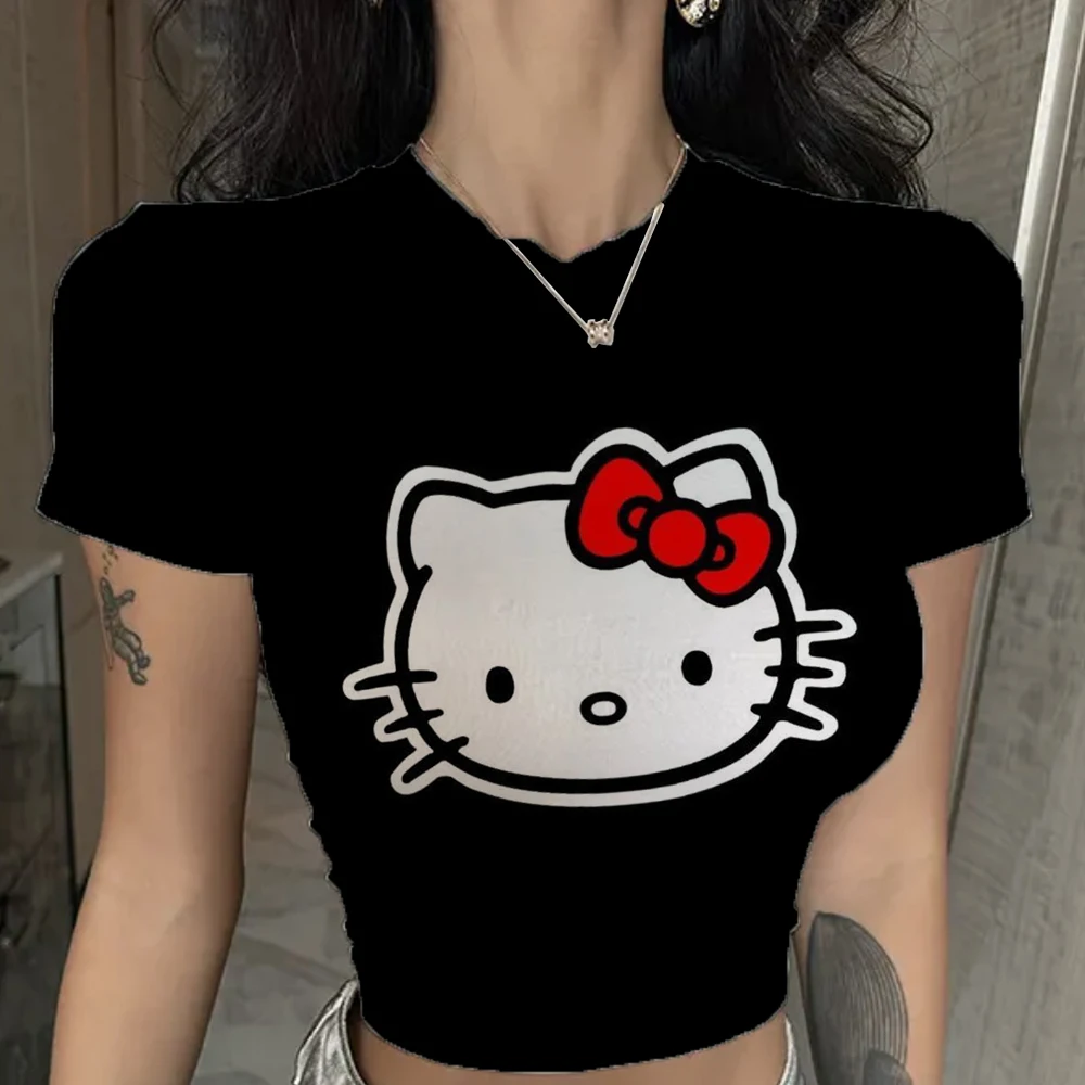 Letnia estetyczna bluzka patchworkowa damska Vintage Punk Hello Kitty nadruk koszulka z krótkim rękawem seksowny styl ubrania Y2k różowa koszulka