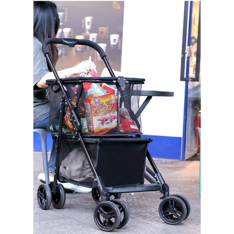 عربة تسوق قابلة للطي للبقالة بطبقتين، عربة تسوق محمولة ذات سلة مزدوجة مع 360 درجة °   عجلات دوارة