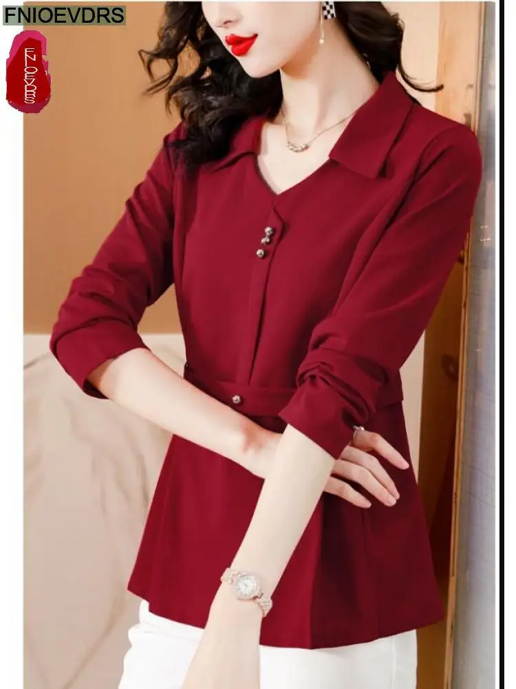 M-5XL New Year Purple Red Tops Elegant Office Lady Work Basic Shirt Retro Belly Black Tunic Peplum Top Blouses