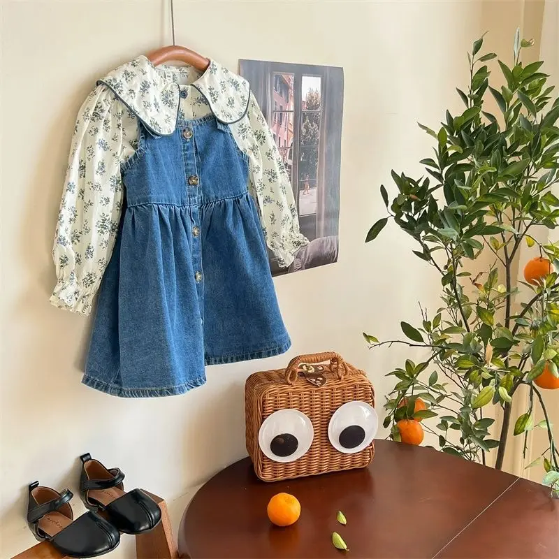Girls' Dress Set Spring and Autumn New Style Children's Fragrant Flower Shirt Korean Edition Cowboy Strap Dress Two Piece Set