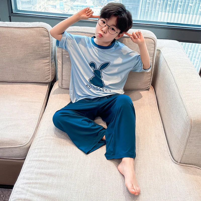 2024 Korean Summer School Boy Home Clothing Set Children Boy Short Sleeved Tops Thin Air-conditioned Pants Trousers Kids Pajamas