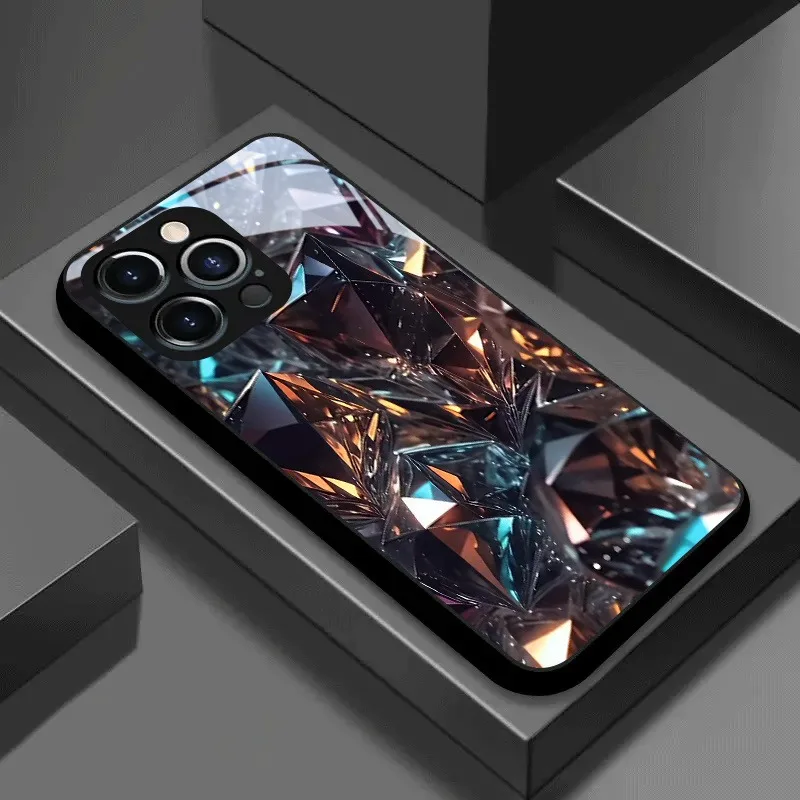 

Brilliant Crystal Pattern Tempered Glass Phone Case For iPhone 17 16 15 14 13 12 11 Pro Max 17 Air 7 8 Plus XS X XR Cover