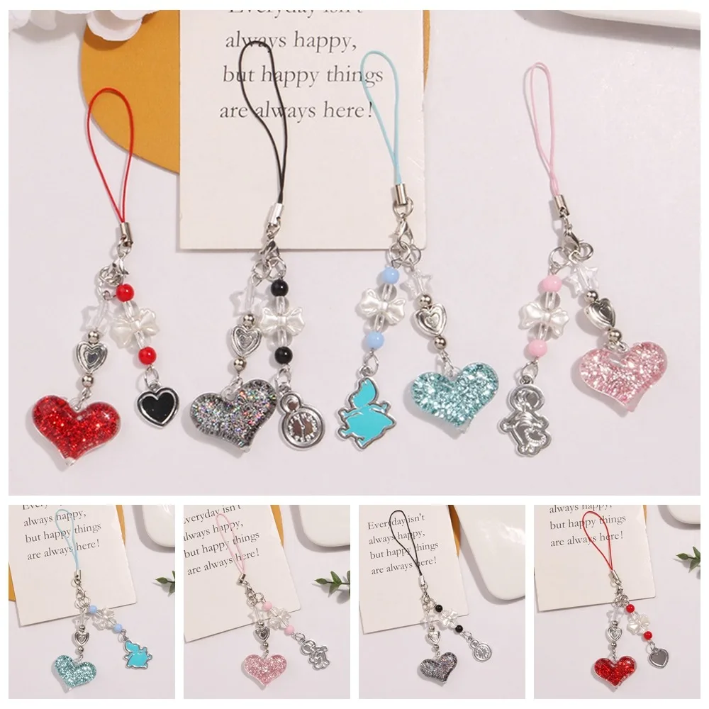 Red Clear Mobile Y2k Phone Charm Strap Chain Lanyard Fairycore Cute Acrylic Heart Glass Pearl Bead Jewelry Women Kawaii Keychain