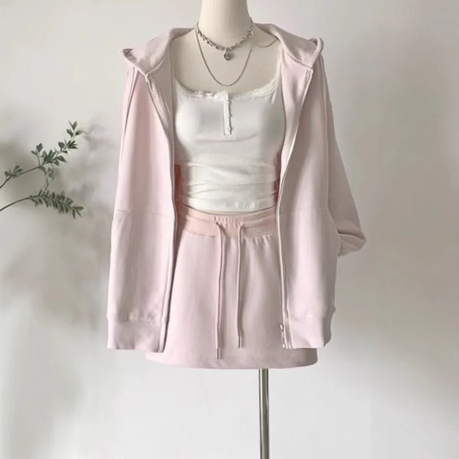 

2025 Autumn New Women's Loose Zip Up Hooded Sweatshirt and Short Skirt Two-piece Set Korean Fashion Casual Hooded Cardigan Coats