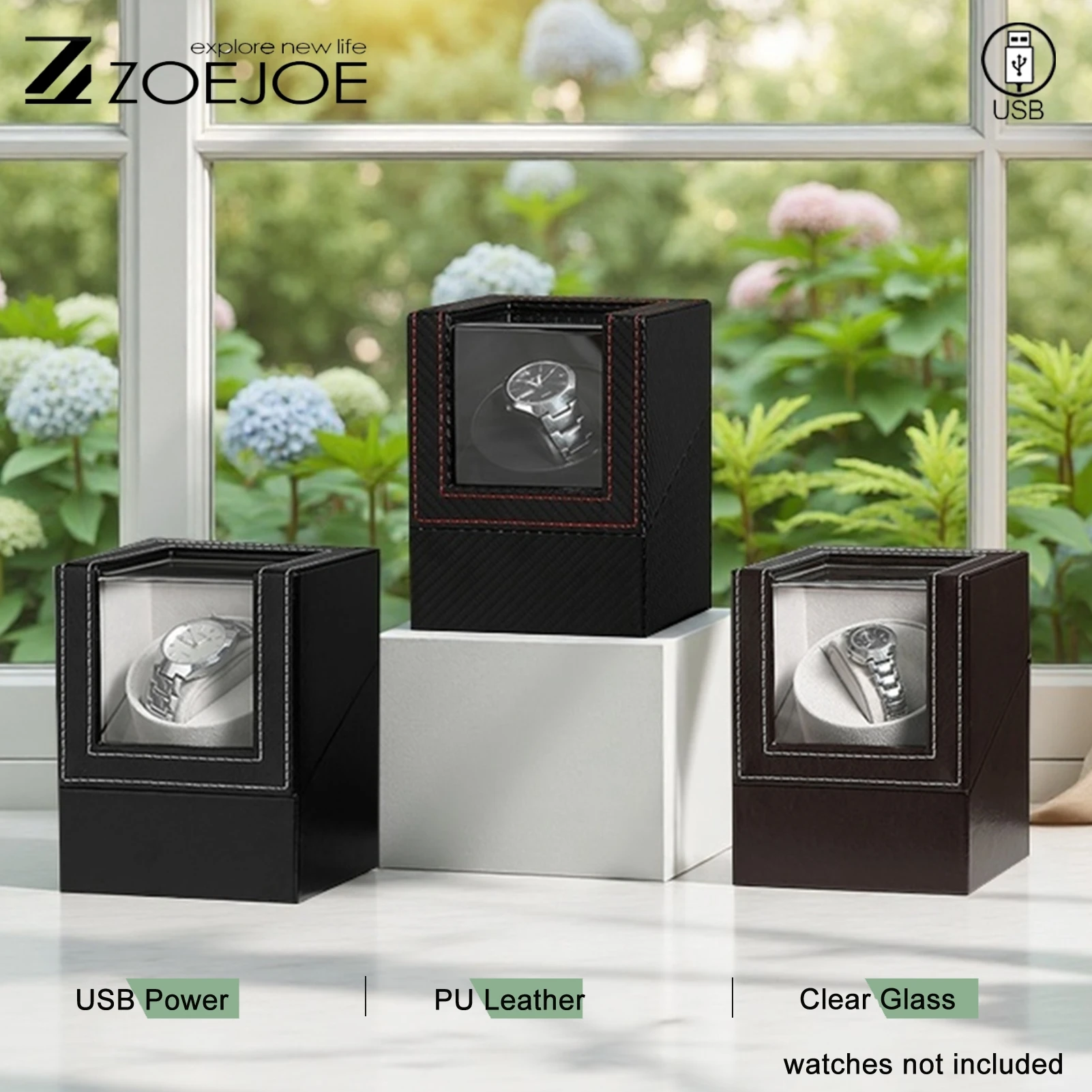 ZOEJOE Automatic Single Watch Winder Usb Cable Multiple Connections Watch Windering Boxes Quiet Motor PU Leather Watch Winders