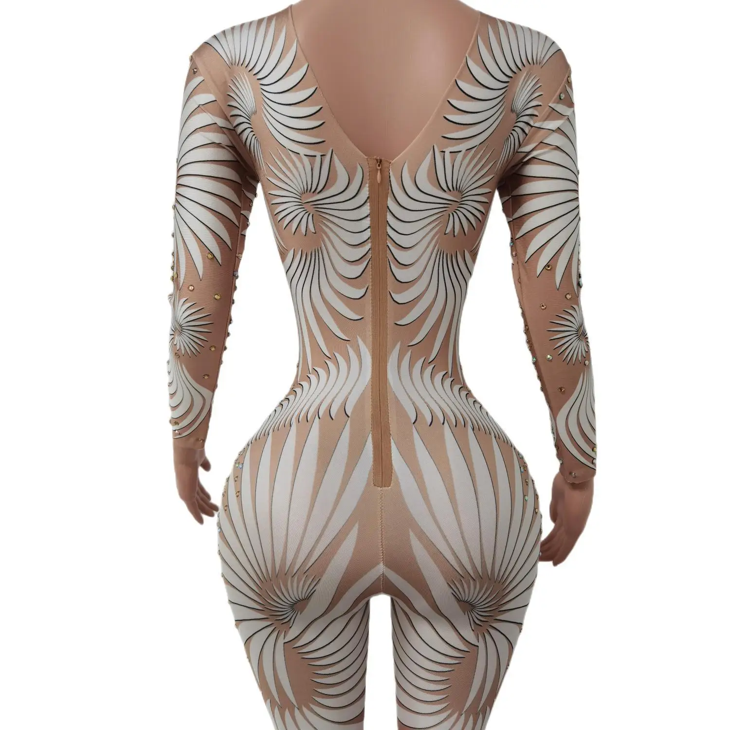 여성 긴 소매 점프 슈트 우아한 럭셔리 투명한 성능 섹시한 무대 생일 점프 슈트 럭셔리 가수 클럽 Feibiao