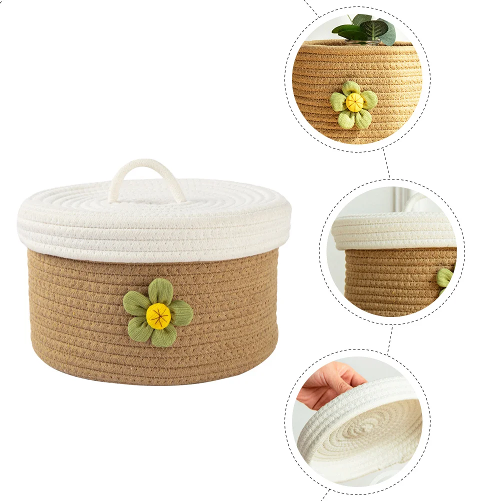 

Cotton Rope Lidded Basket Round Woven Sundries Container Modern Simple Style for Dinning Living Room Small Woven Basket