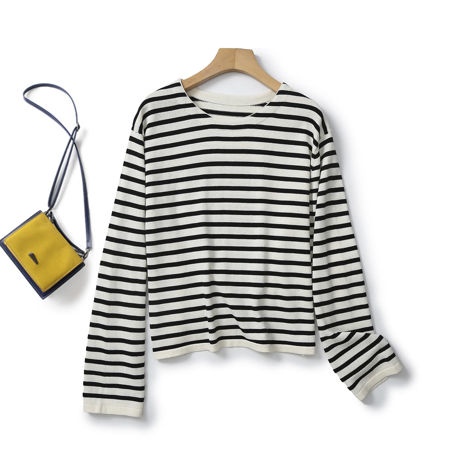 

Ethereal MD 2024 new style of Women's casual slouchy striped comfortable cotton crew-neck sweater long-sleeved sweater