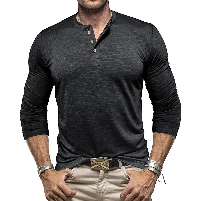 

Casual Versatile Men's Henley T-Shirt Simple Solid Color Print Long Sleeve T-shirts Spring and Autumn Fashion Loose Button Tops