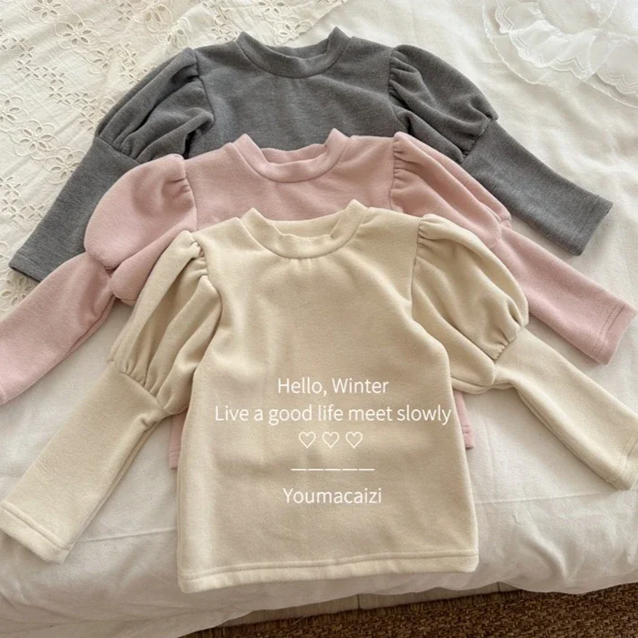 

Girls Blouse 2025 Autumn and Winter New Childrens Clothing Korean Style Girl Baby Bubble Sleeve Round Collar Undershirt