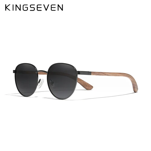 Imagen 2 del producto KINGSEVEN-gafas de sol polarizadas de madera para hombre y mujer, lentes de espejo UV400, montura redonda, hechas a mano, informales