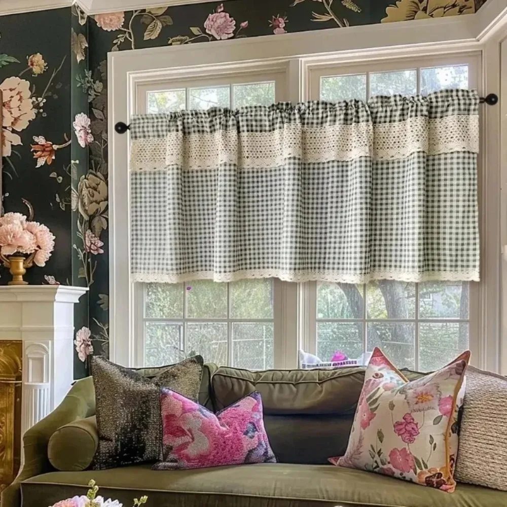 Faux Linen Curtains for Kitchen Terrace Green Lattice Printing Short Hollow Crochet Lace Bedroom Farmhouse Vintage Window Drapes